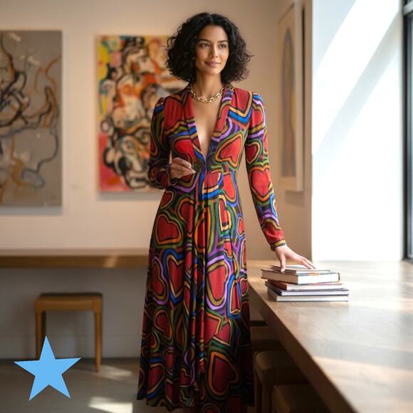 Farm Rio Rainbow Wild Hearts Maxi Dress Womens XS 0 2 Long Sleeve Red - Picture 1 of 16